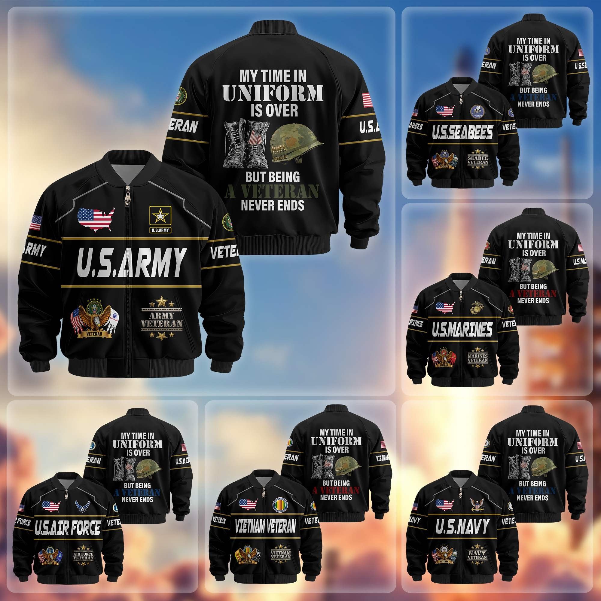 Premium US Veterans Bomber Jacket BPHN220912, Gifts For US Veterans, Gifts On Father's Day, Veterans Day.