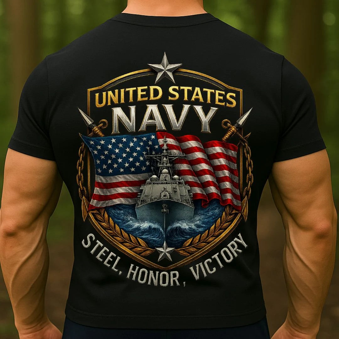 UNITED STATES NAVY T-SHIRT – STEEL HONOR VICTORY DESIGN | US NAVY WARSHIP & AMERICAN FLAG MILITARY VETERAN TEE
