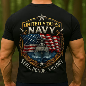 UNITED STATES NAVY T-SHIRT – STEEL HONOR VICTORY DESIGN | US NAVY WARSHIP & AMERICAN FLAG MILITARY VETERAN TEE