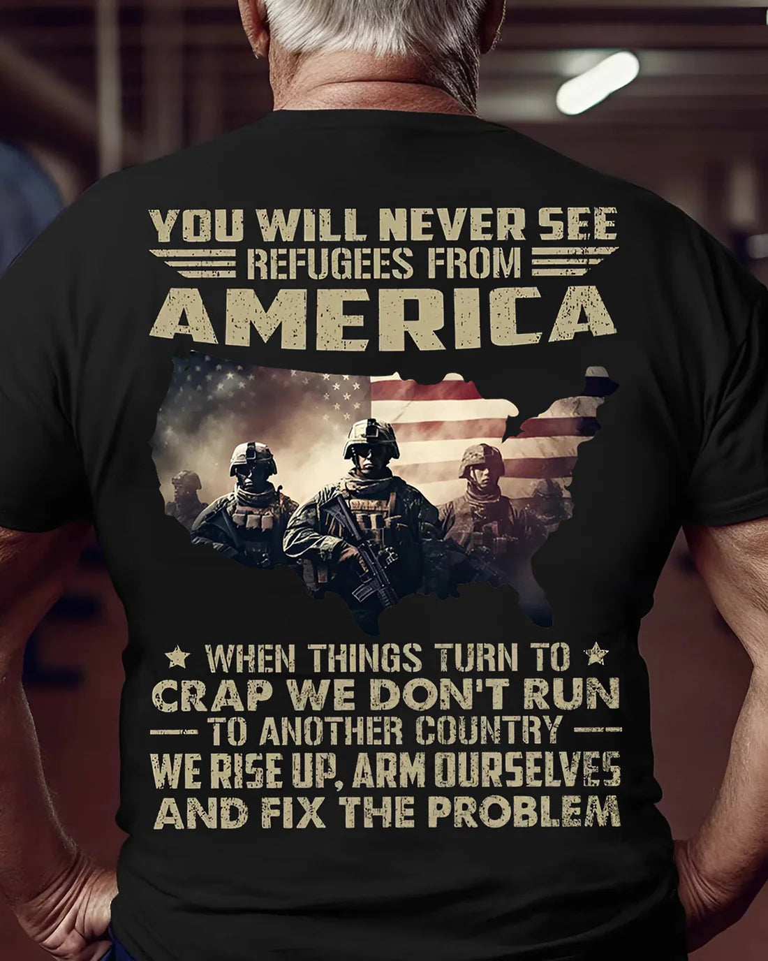 MILITARY STRONG AMERICA T-SHIRT – RISE UP, ARM OURSELVES, AND FIX THE PROBLEM - PATRIOTIC TEE