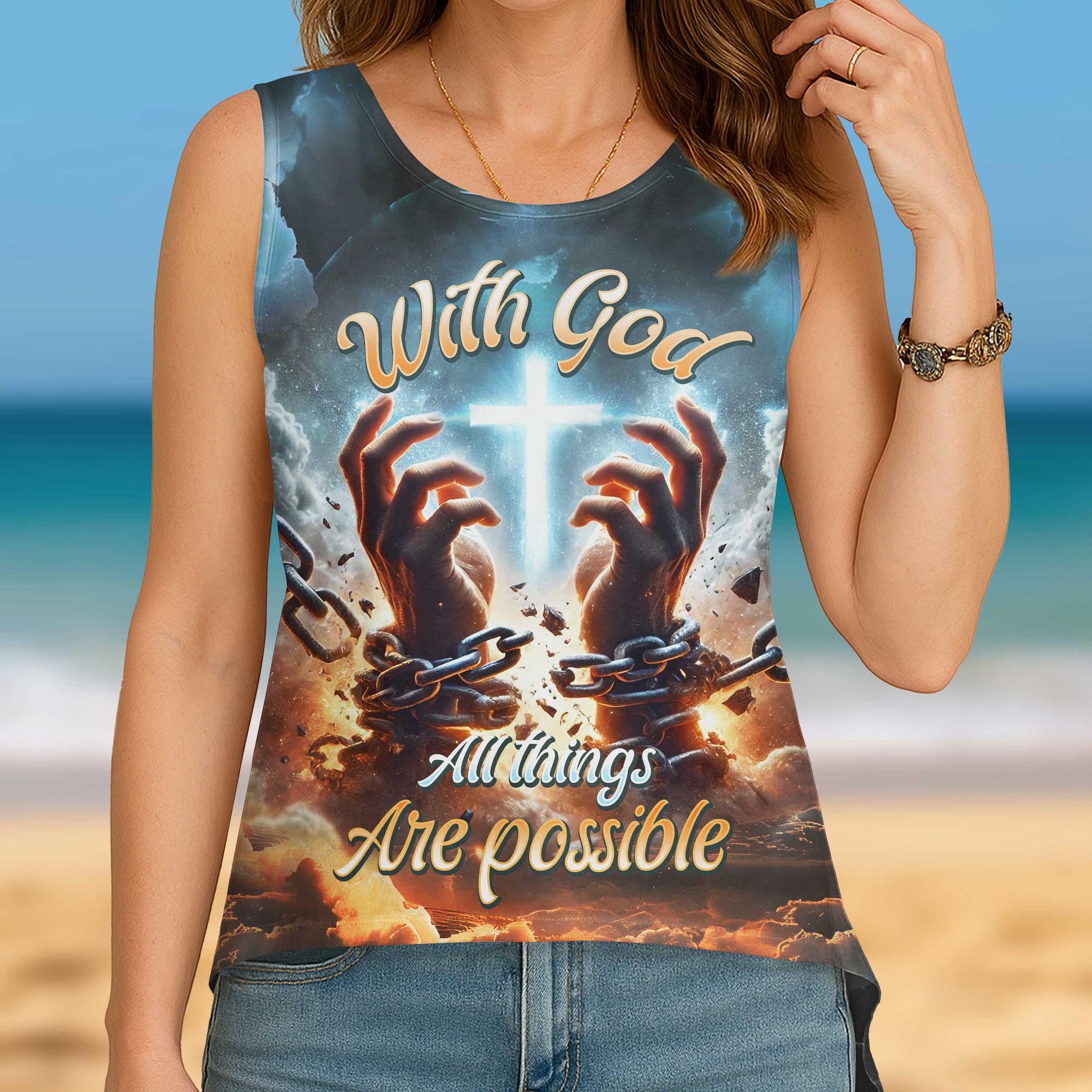 With God All Things Are Possible All Over Print Cut Out Wrap Back Tank Top