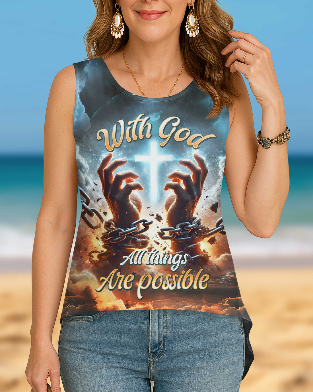 With God All Things Are Possible All Over Print Cut Out Wrap Back Tank Top