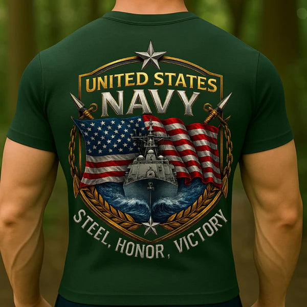 UNITED STATES NAVY T-SHIRT – STEEL HONOR VICTORY DESIGN | US NAVY WARSHIP & AMERICAN FLAG MILITARY VETERAN TEE