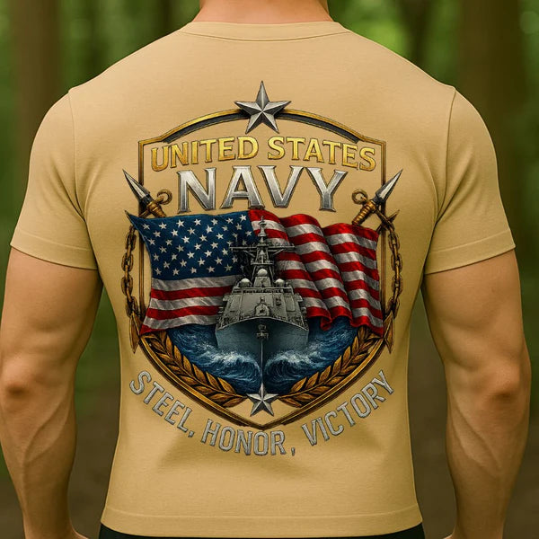 UNITED STATES NAVY T-SHIRT – STEEL HONOR VICTORY DESIGN | US NAVY WARSHIP & AMERICAN FLAG MILITARY VETERAN TEE