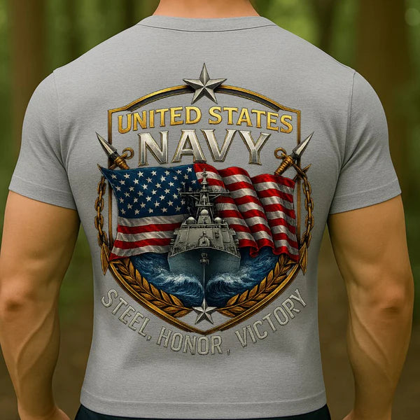 UNITED STATES NAVY T-SHIRT – STEEL HONOR VICTORY DESIGN | US NAVY WARSHIP & AMERICAN FLAG MILITARY VETERAN TEE
