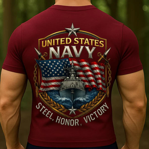 UNITED STATES NAVY T-SHIRT – STEEL HONOR VICTORY DESIGN | US NAVY WARSHIP & AMERICAN FLAG MILITARY VETERAN TEE