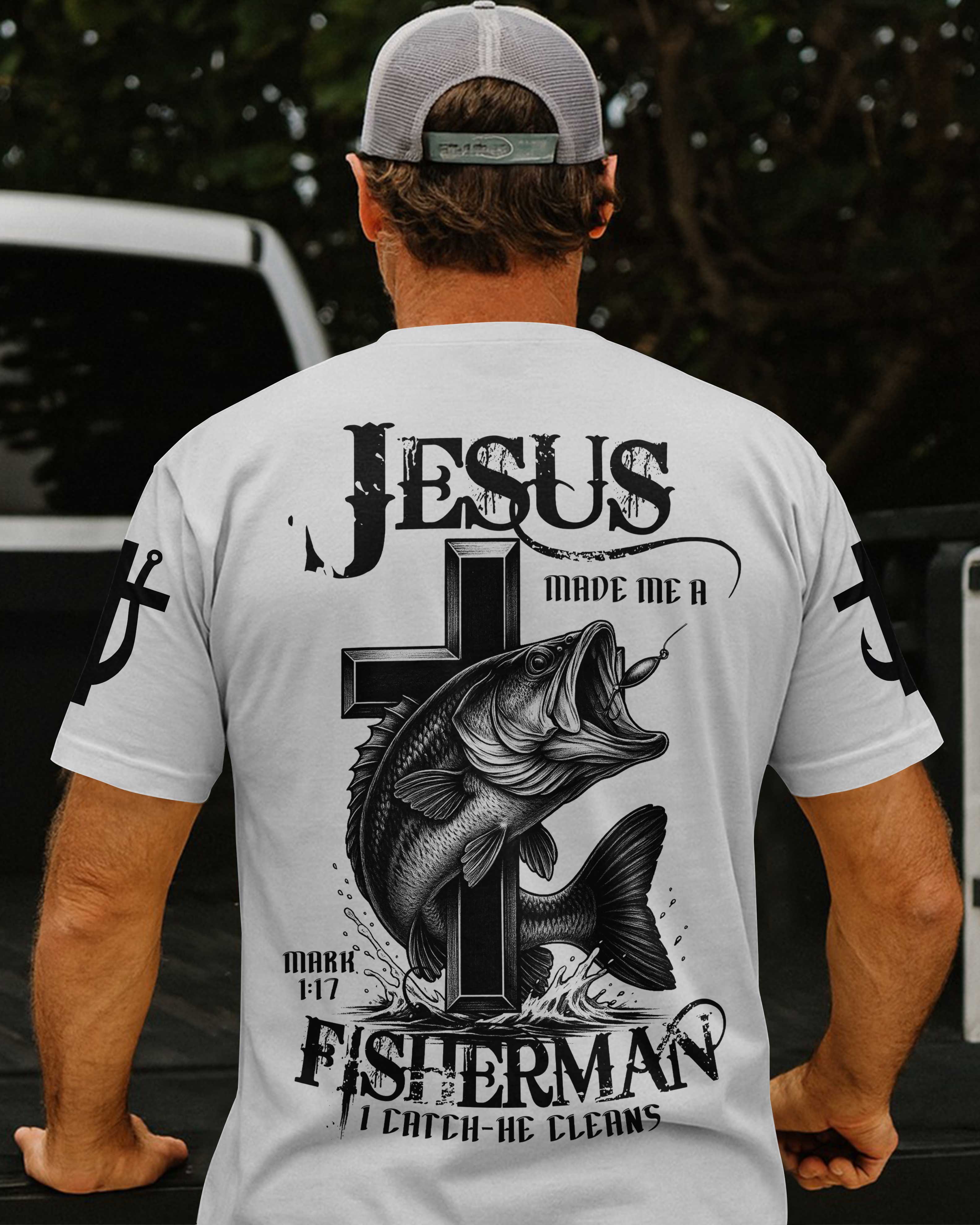 Jesus Made Me A Fisherman I Catch He Cleans All Over Print T-Shirt