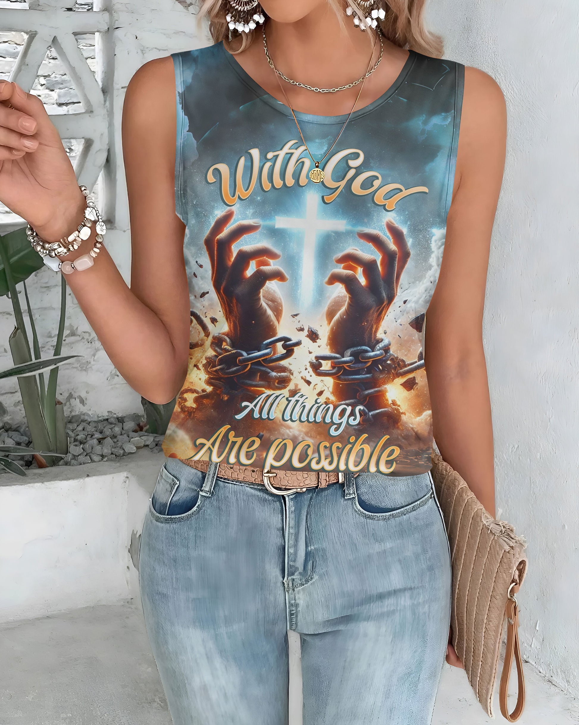 With God All Things Are Possible All Over Print Cut Out Wrap Back Tank Top