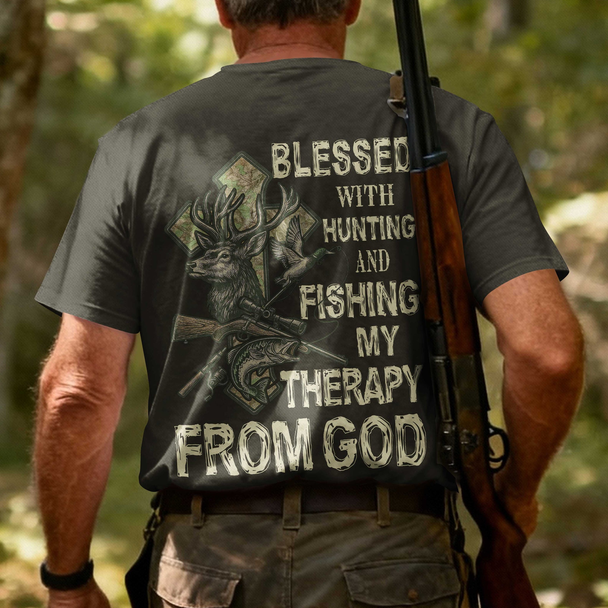 Blessed With Hunting And Fishing My Therapy From God All Over Print T-Shirt