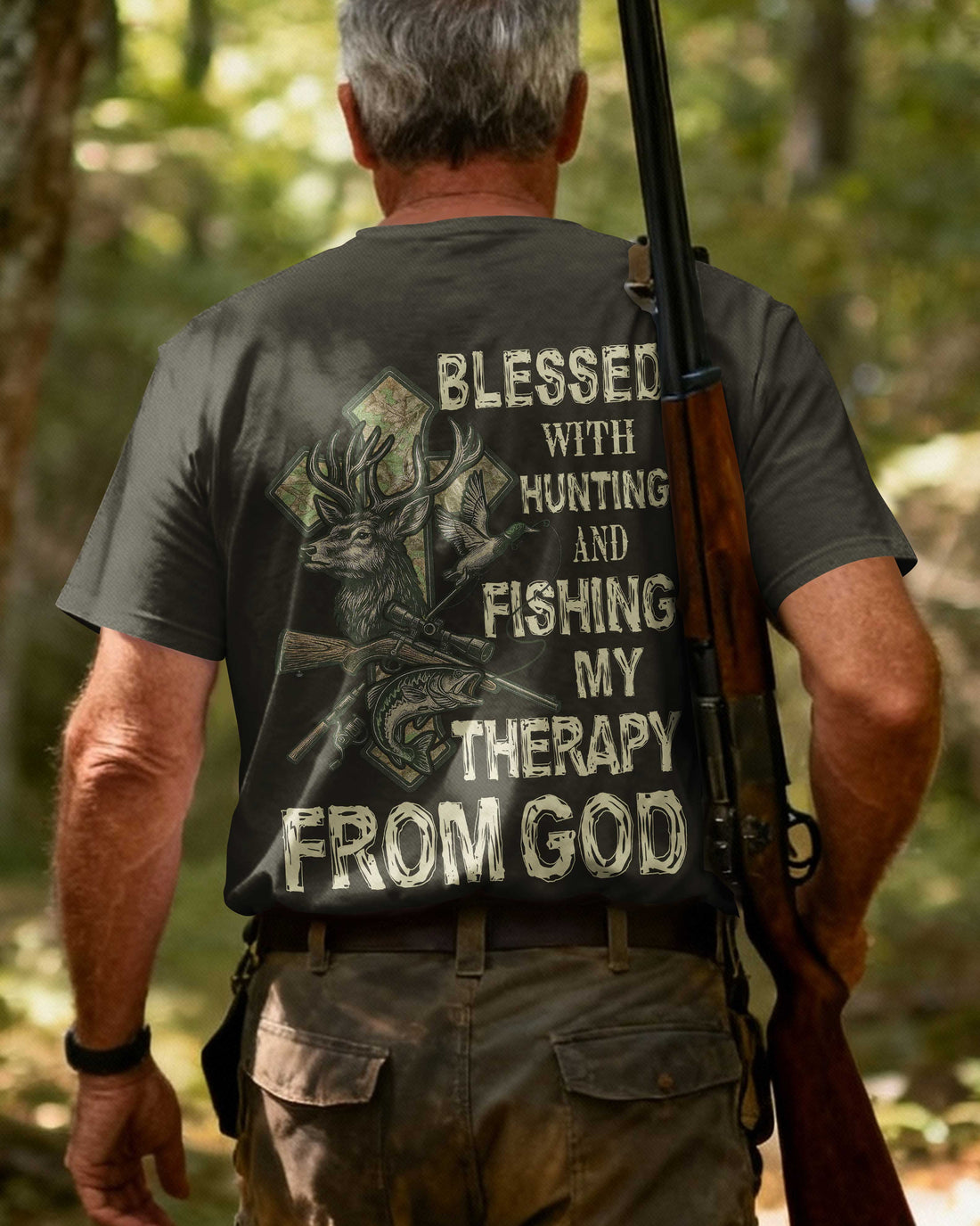 Blessed With Hunting And Fishing My Therapy From God All Over Print T-Shirt
