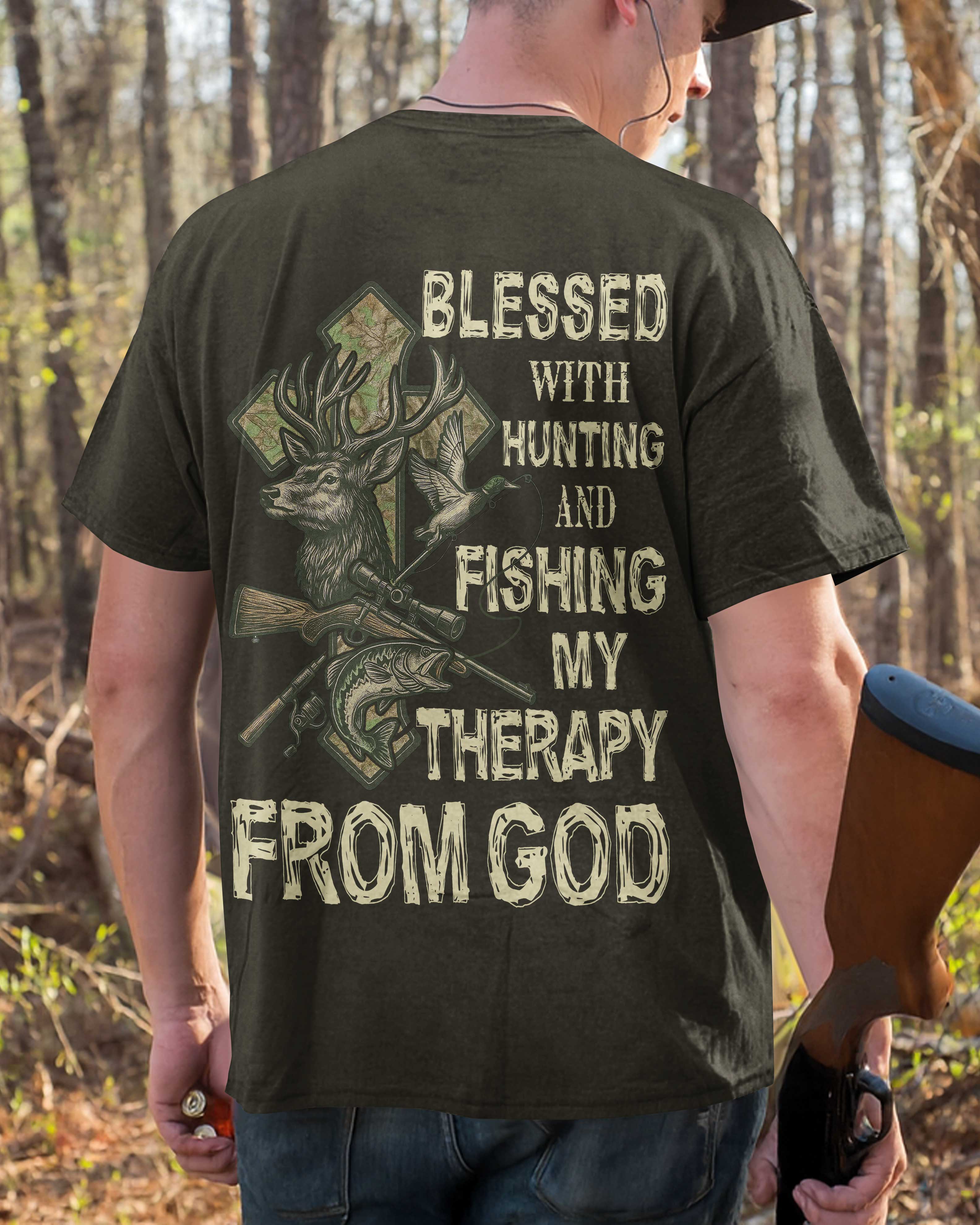Blessed With Hunting And Fishing My Therapy From God All Over Print T-Shirt