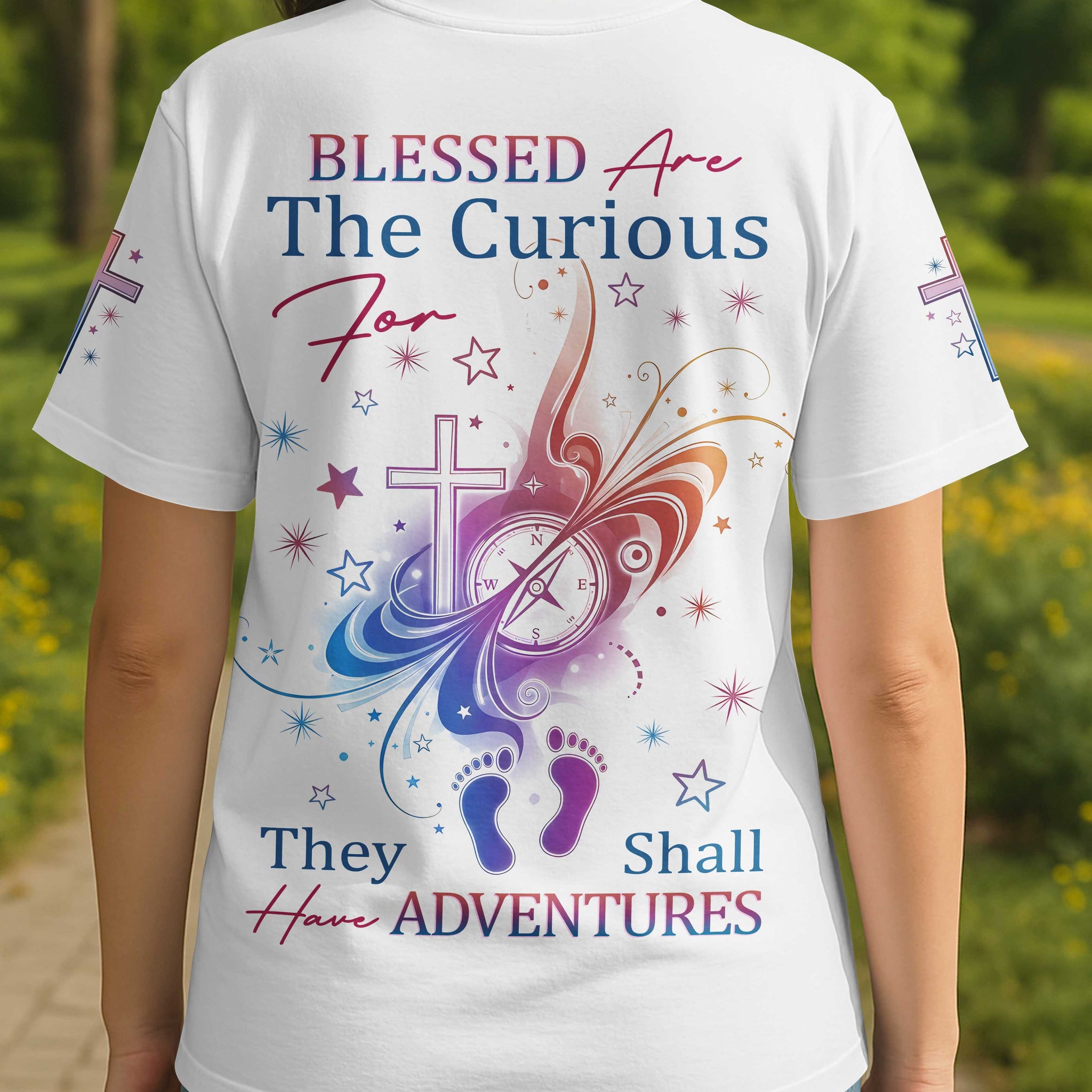 Blessed Are The Curious For They Shall Have Adventures All Over Print T-Shirt
