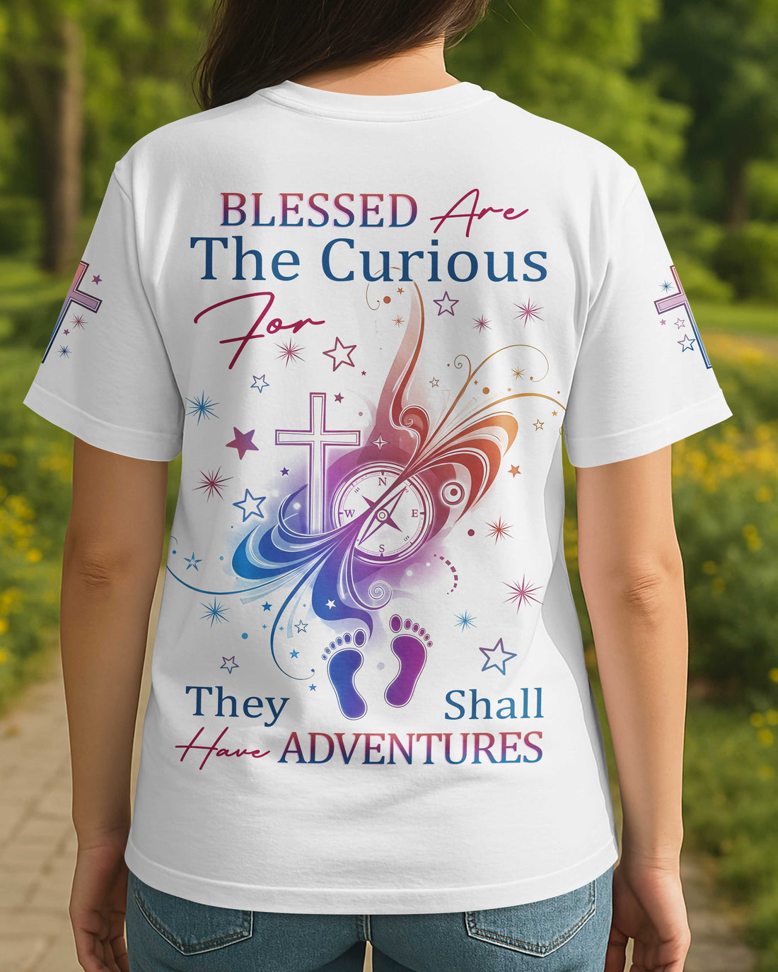 Blessed Are The Curious For They Shall Have Adventures All Over Print T-Shirt
