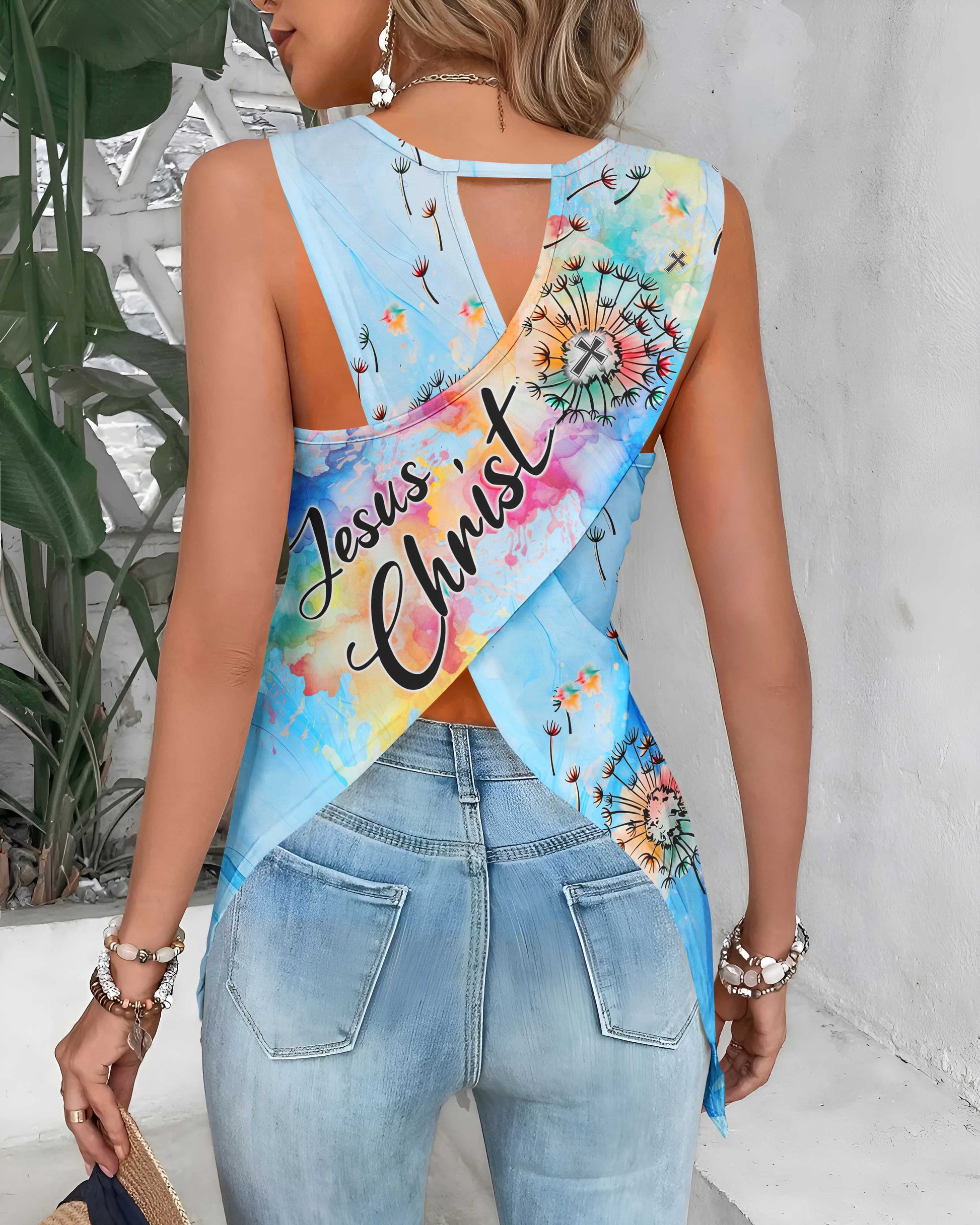 We Love Because He First Loved Us All Over Print Cut Out Wrap Back Tank Top