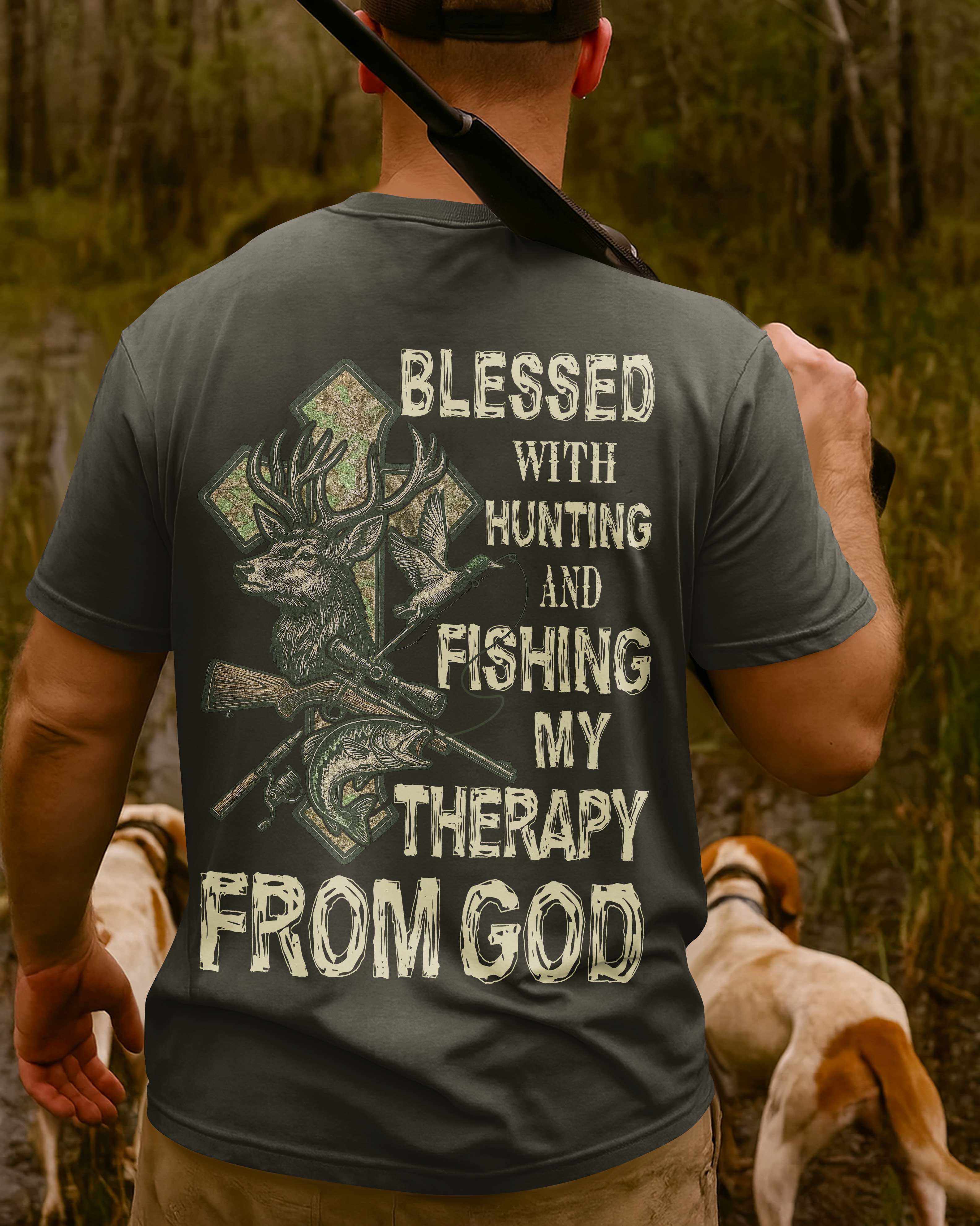 Blessed With Hunting And Fishing My Therapy From God All Over Print T-Shirt
