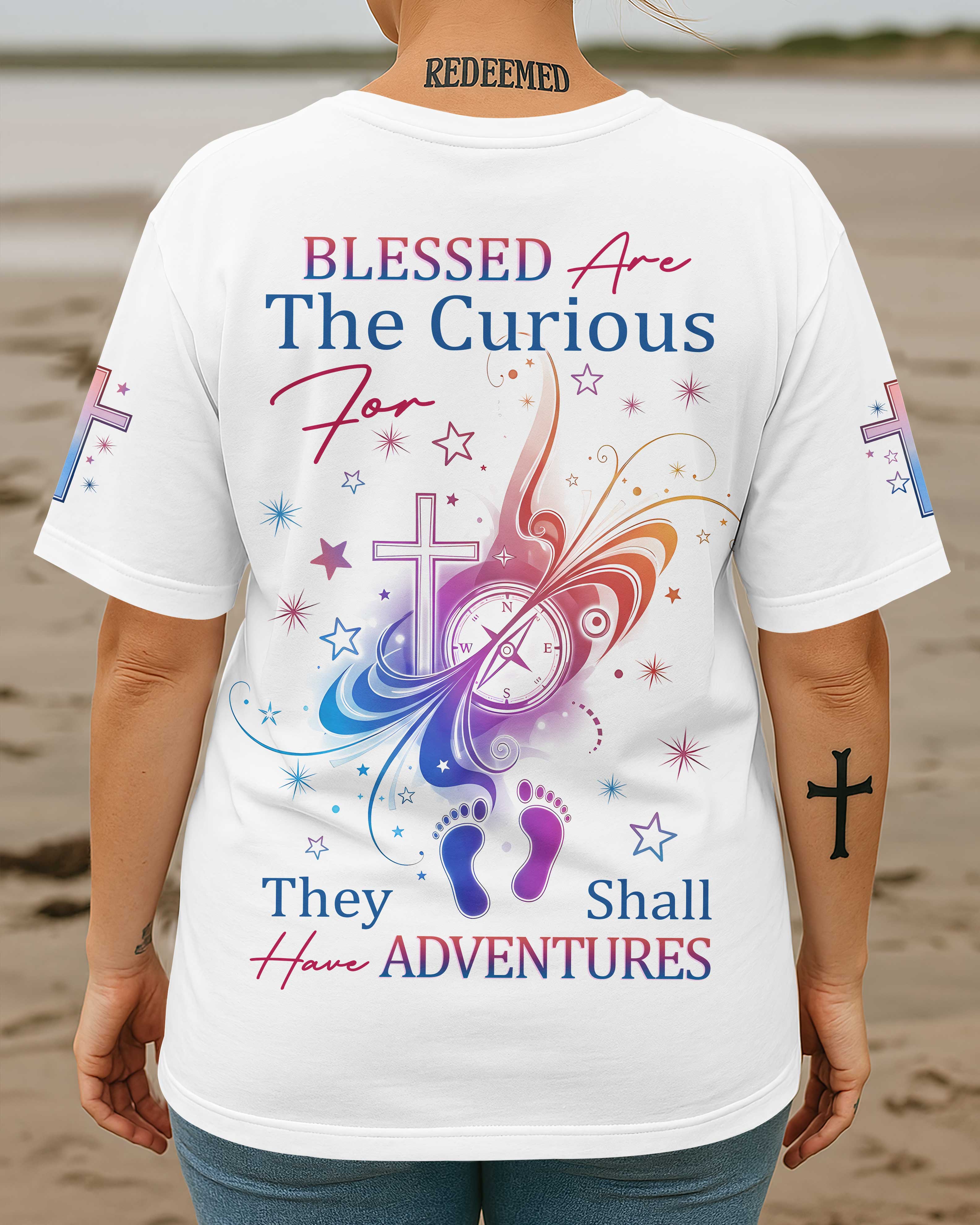 Blessed Are The Curious For They Shall Have Adventures All Over Print T-Shirt