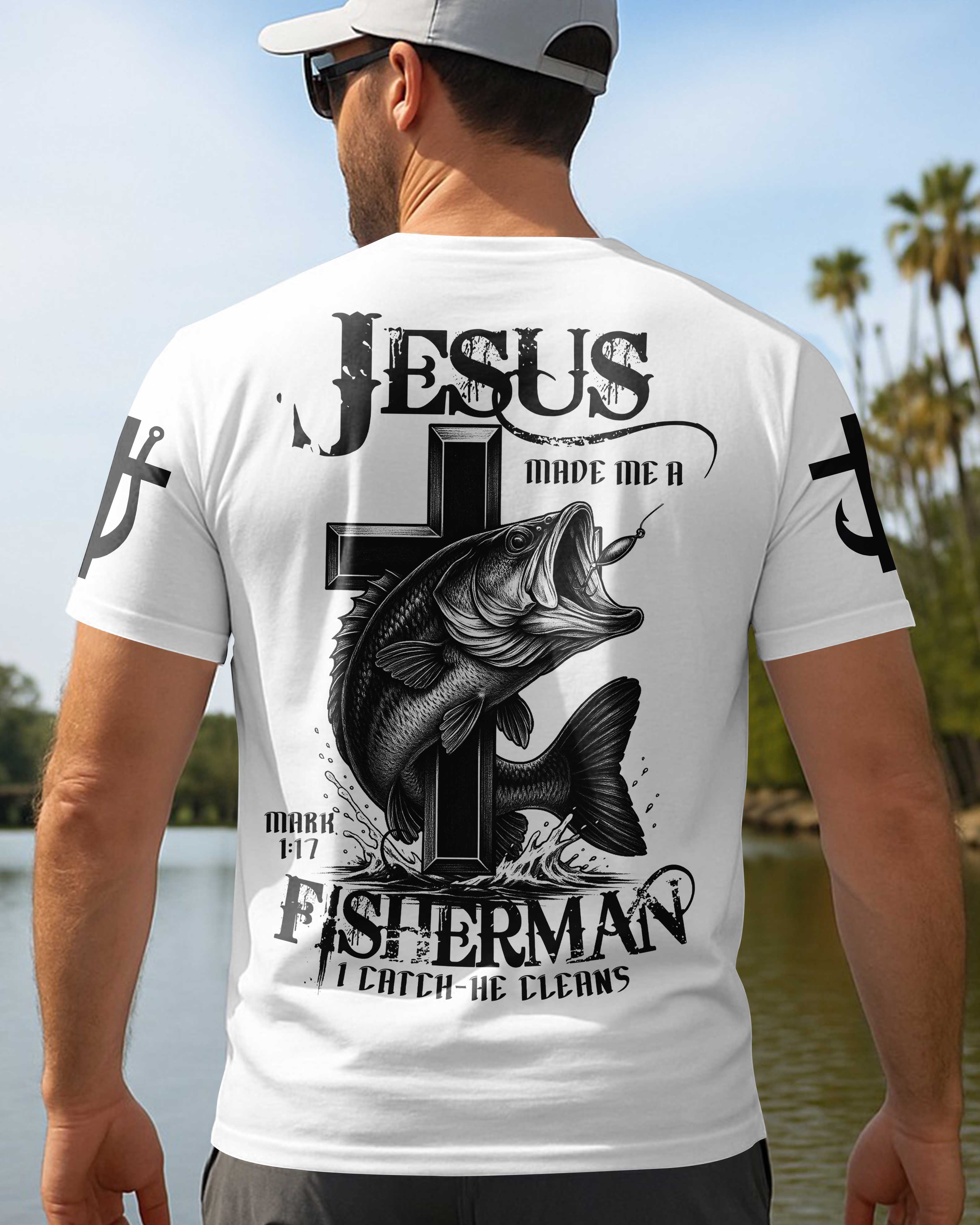 Jesus Made Me A Fisherman I Catch He Cleans All Over Print T-Shirt