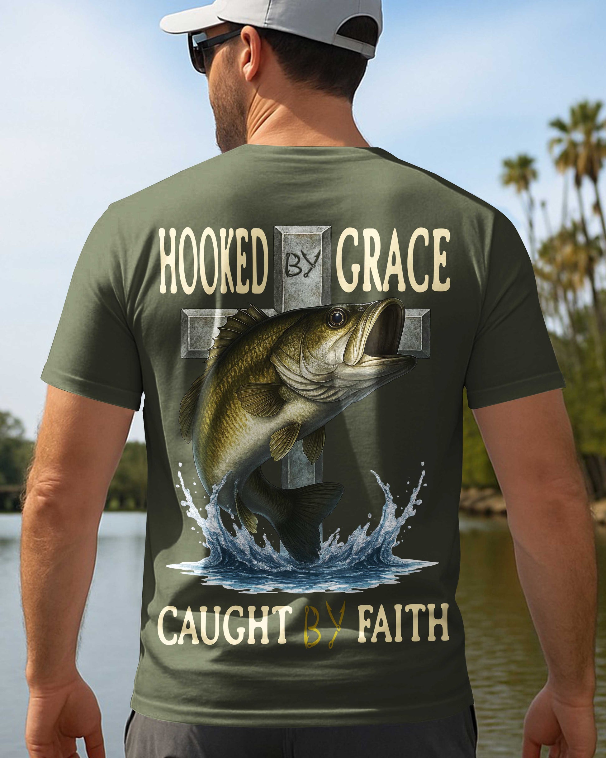 Hooked By Grace Caught By Faith All Over Print T-Shirt