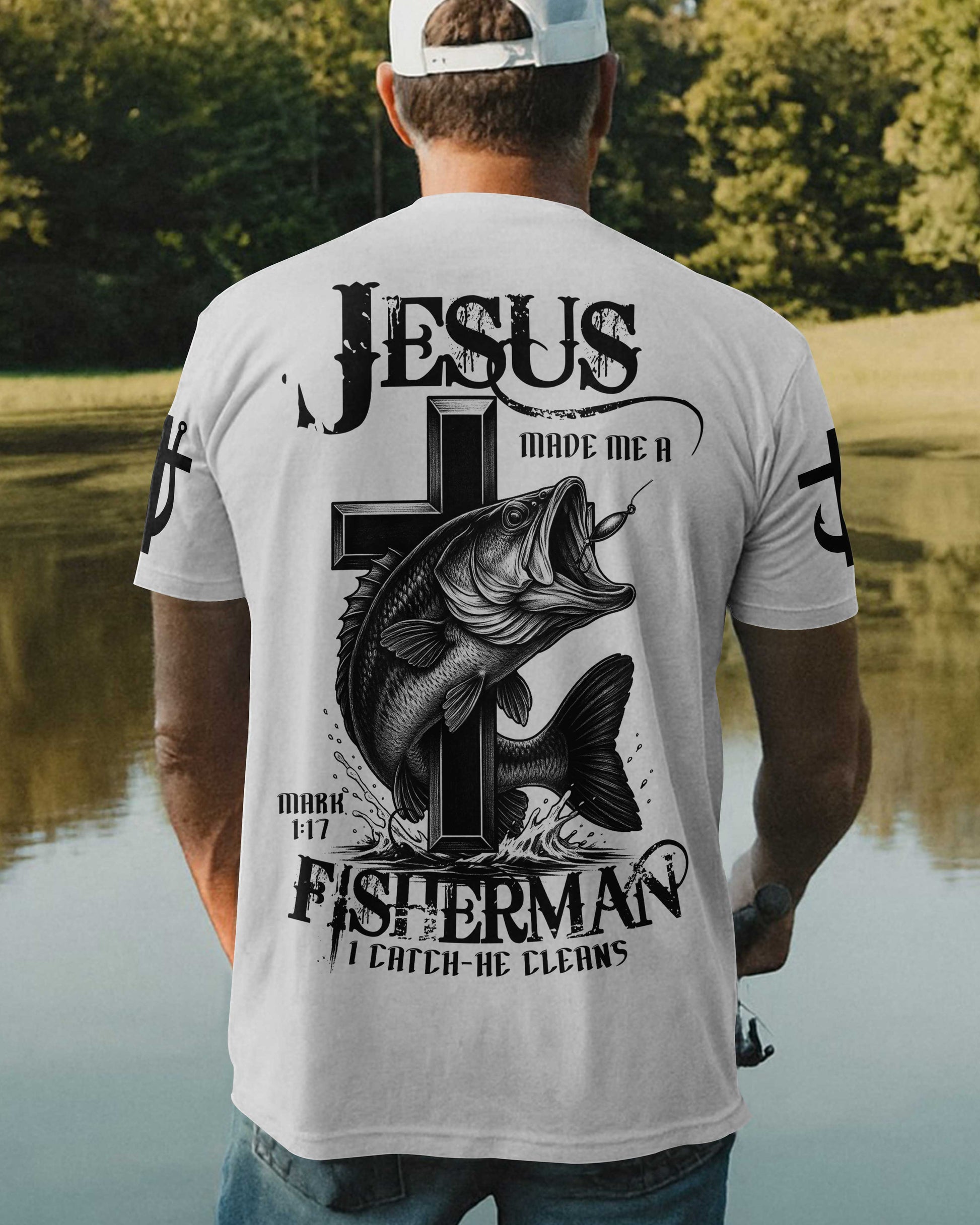 Jesus Made Me A Fisherman I Catch He Cleans All Over Print T-Shirt
