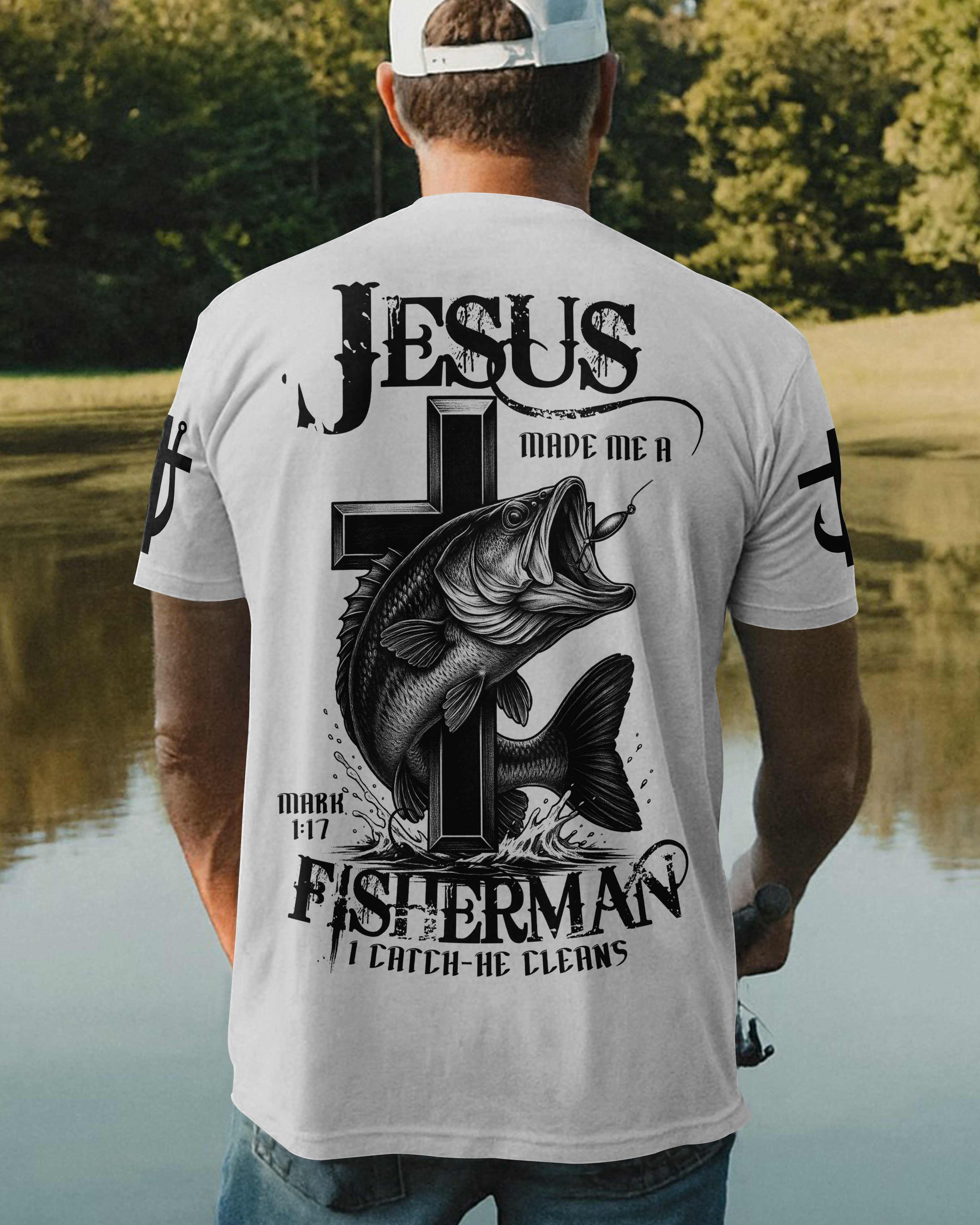 Jesus Made Me A Fisherman I Catch He Cleans All Over Print T-Shirt