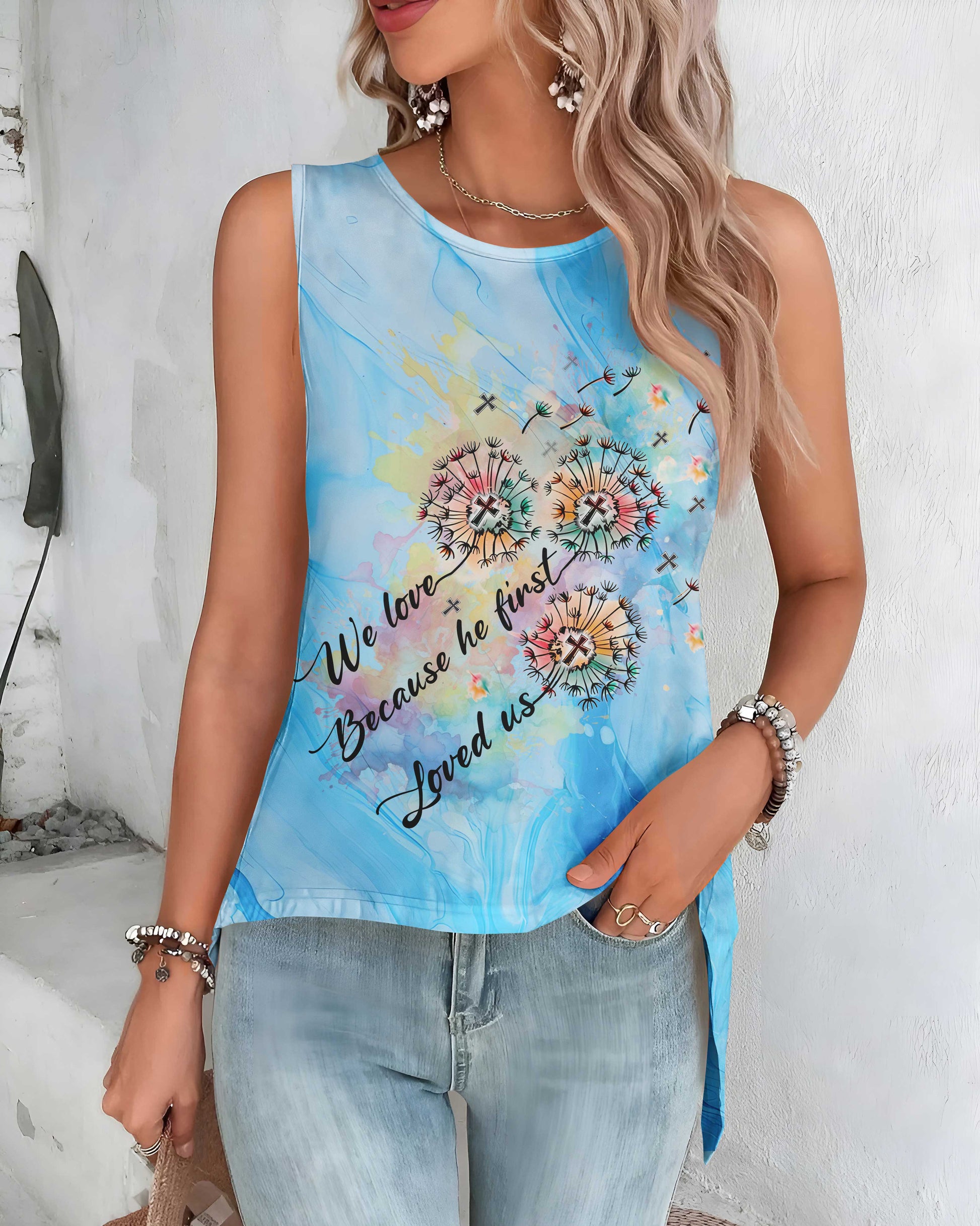 We Love Because He First Loved Us All Over Print Cut Out Wrap Back Tank Top